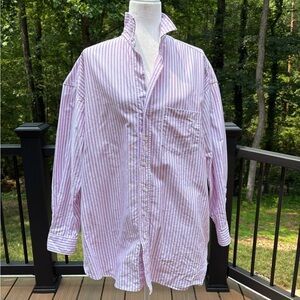 Frank and Eileen Shirley Oversized Buttondown Bright Pink and White Stripe M